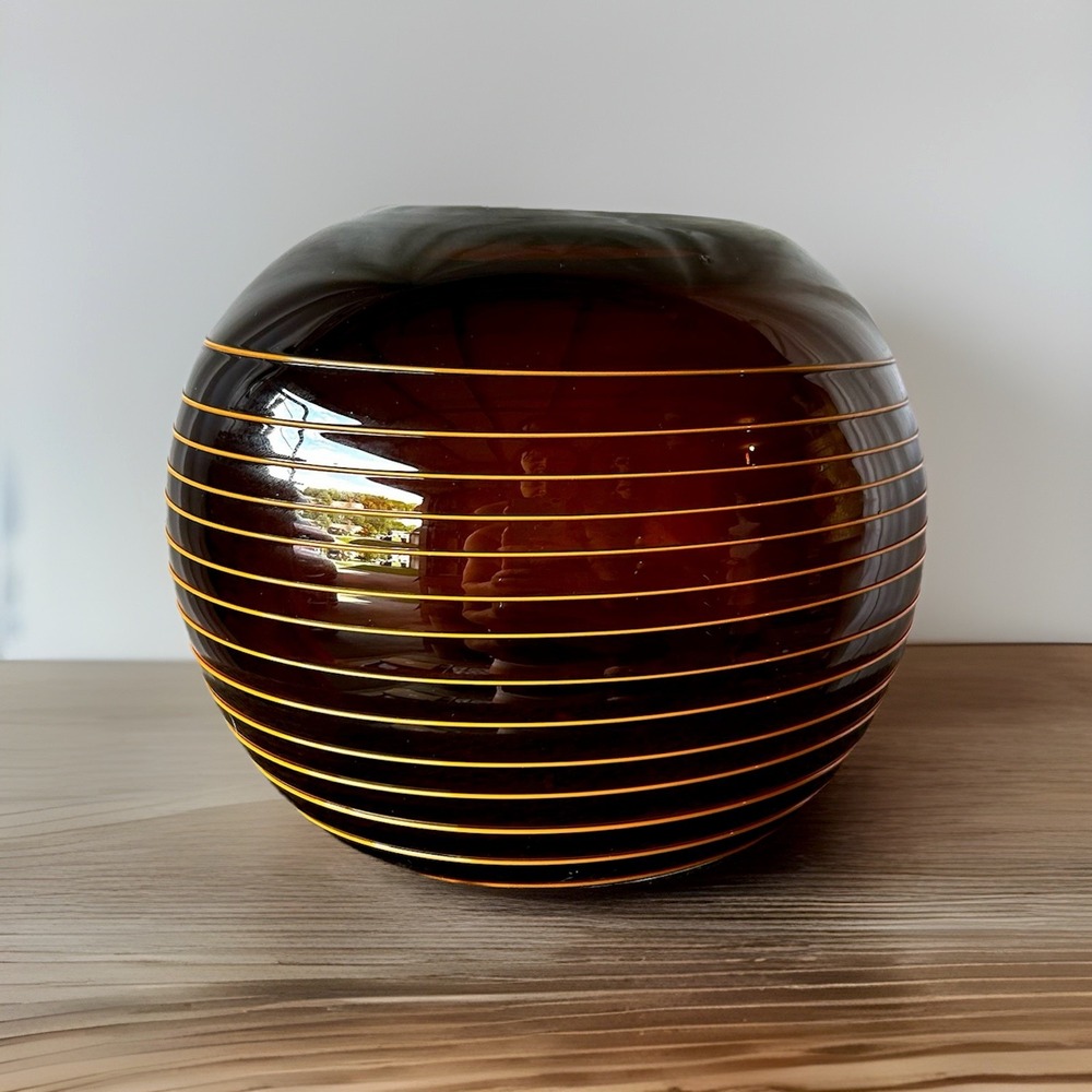 Large Round Vase Amber Glass With Orange Threading